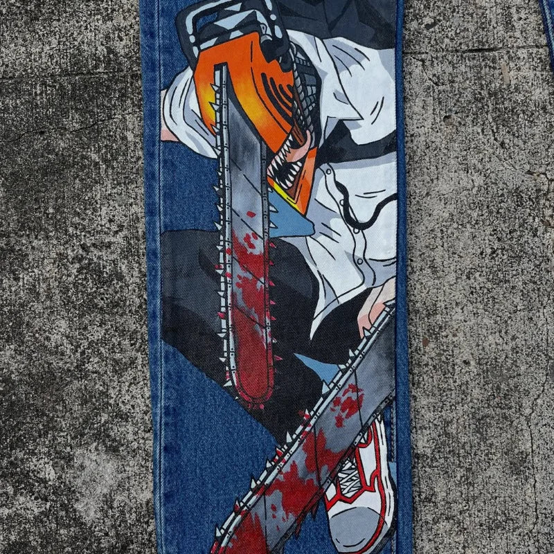 Cartoon Print Jeans: Harajuku Wide Leg Denim Pants