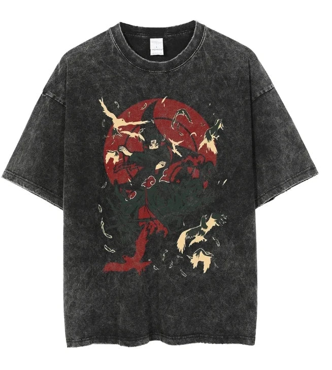 Uchiha Sasuke T-shirt: Retro Washed Oversized Anime Tee