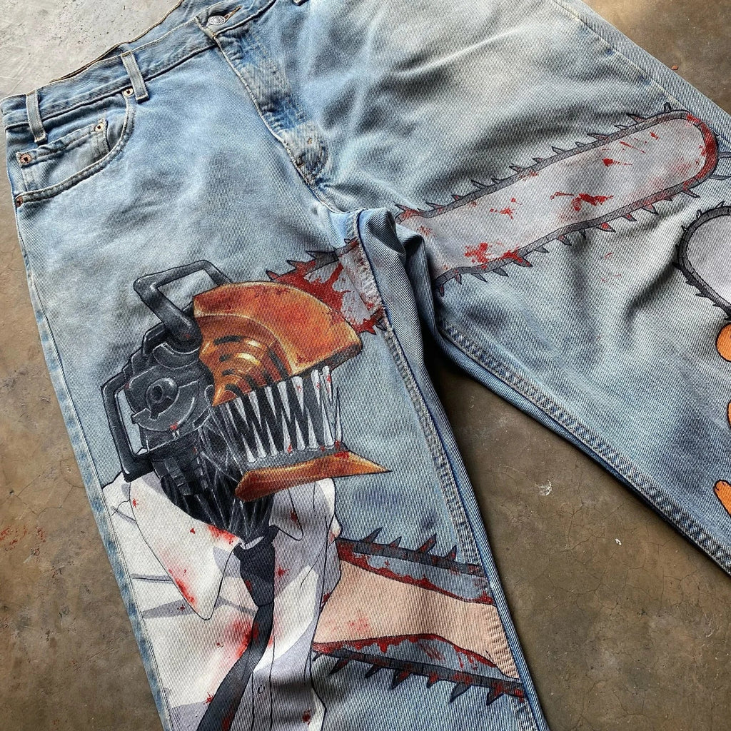 Anime Jeans: Y2K Digital Print Wide Leg Denim